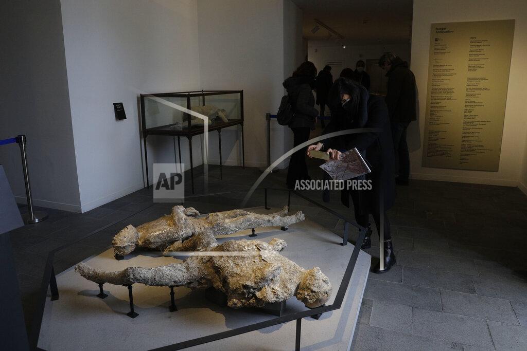 Gregorio Borgia A woman takes pictures of casts of two victims of the 49 AD Eruption of Mount Vesuvius displayed at the museum Antiquarium, in Pompeii, southern Italy, Monday, Jan. 25, 2021. Decades after suffering bombing and earthquake damage, Pompeii's museum is back in business, showing off exquisite finds from excavations of the ancient Roman city. Officials of the archaeological park of the ruins of the city destroyed in 79 A.D. by the eruption of Mount Vesuvius inaugurated the museum on Monday. (AP Photo/Gregorio Borgia)