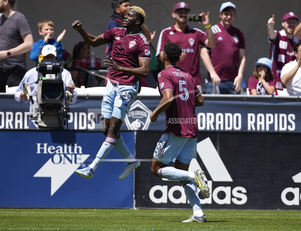 David Zalubowski Colorado Rapids attacker Gyasi Zardes, left, celebrates after scoring on a penalty kick as defender Auston Trusty joins in during the first half of an MLS soccer match against Los Angeles FC, Saturday, May 14, 2022, in Commerce City, Colo. (AP Photo/David Zalubowski)