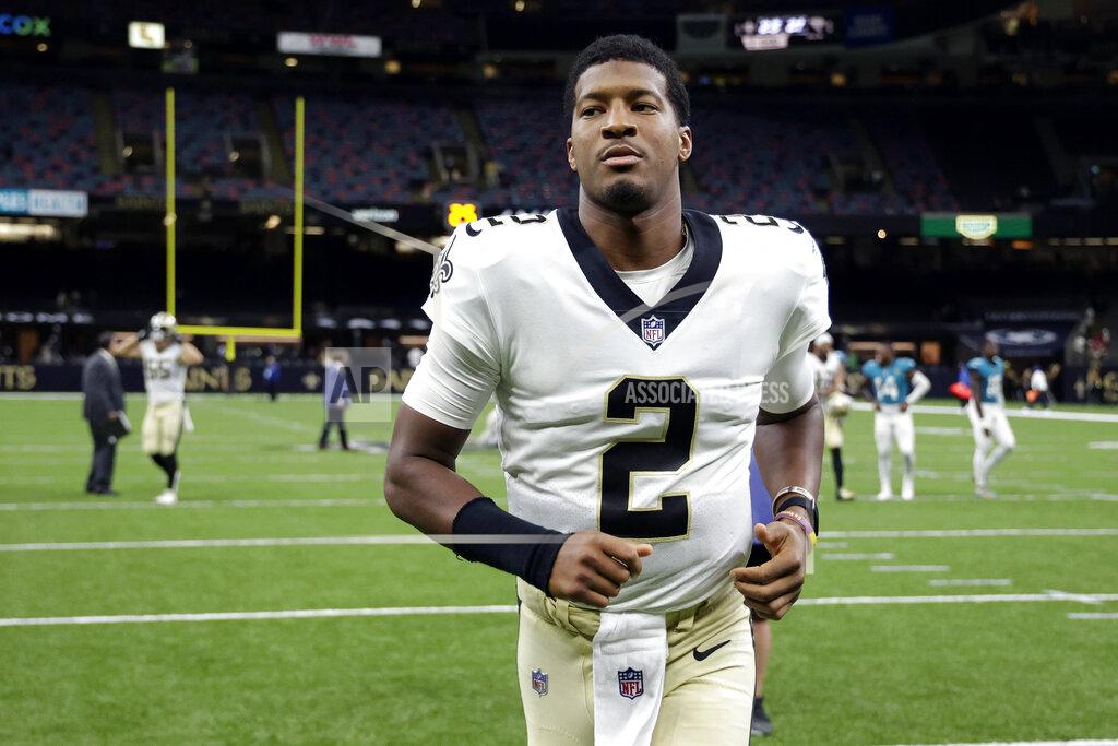 Derick Hingle New Orleans Saints quarterback Jameis Winston (2) runs off the field after an NFL preseason football game against the Jacksonville Jaguars in New Orleans, Monday, Aug. 23, 2021. The Saints won 23-21. (AP Photo/Derick Hingle)