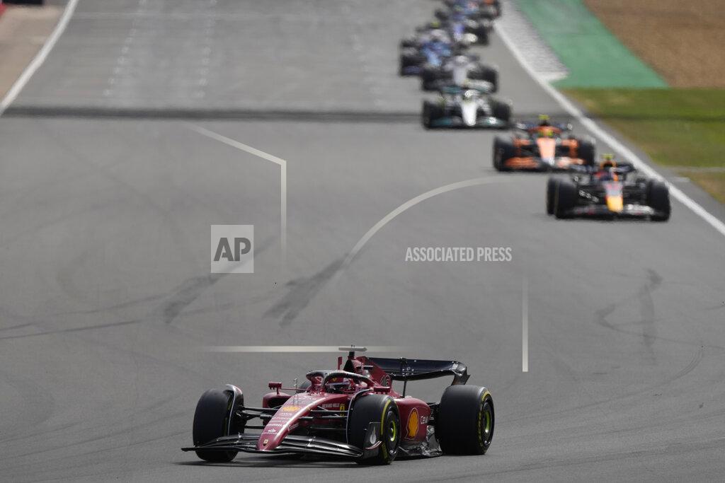 Frank Augstein Ferrari driver Charles Leclerc of Monaco steers his car during the British Formula One Grand Prix at the Silverstone circuit, in Silverstone, England, Sunday, July 3, 2022. (AP Photo/Frank Augstein)