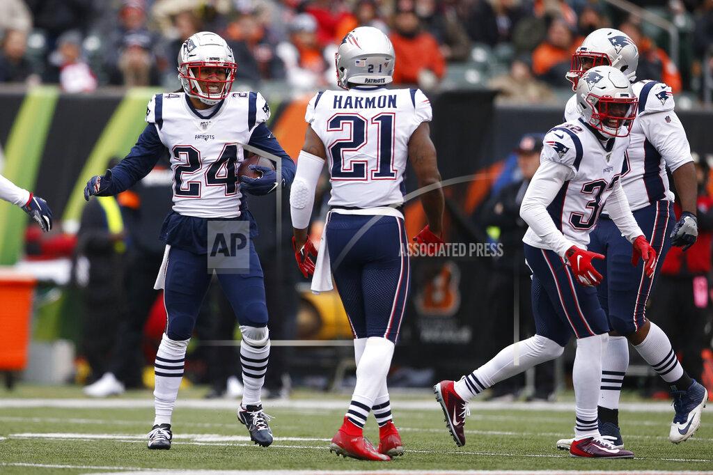 Gary Landers New England Patriots cornerback Stephon Gilmore (24) celebrates his interception in the second half of an NFL football game against the Cincinnati Bengals, Sunday, Dec. 15, 2019, in Cincinnati. (AP Photo/Gary Landers)