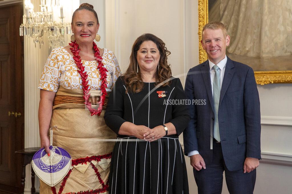 Mark Mitchell New Zealand Prime Minister Chris Hipkins, right, and Deputy Prime Minister Carmel Sepuloni, left, pose with Governor-General Dame Cindy Kiro after their swearing in at Government House in Wellington, Wednesday, Jan. 25, 2023. Hipkins, 44, has promised a back-to-basics approach focusing on the economy and what he described as the "pandemic of inflation." (Mark Mitchell/New Zealand Herald via AP)
