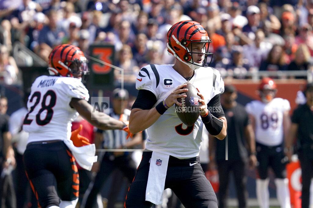 Nam Y. Huh Cincinnati Bengals quarterback Joe Burrow drops back to pass during the first half of an NFL football game against the Chicago Bears Sunday, Sept. 19, 2021, in Chicago. (AP Photo/Nam Y. Huh)