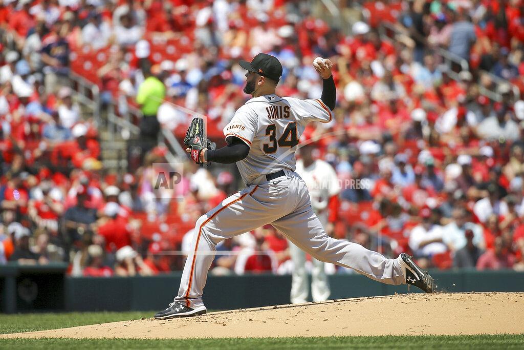 Scott Kane San Francisco Giants starting pitcher Jakob Junis (34) throws during the first inning of a baseball game against the St. Louis Cardinals, Saturday, May 14, 2022, in St. Louis. (AP Photo/Scott Kane)
