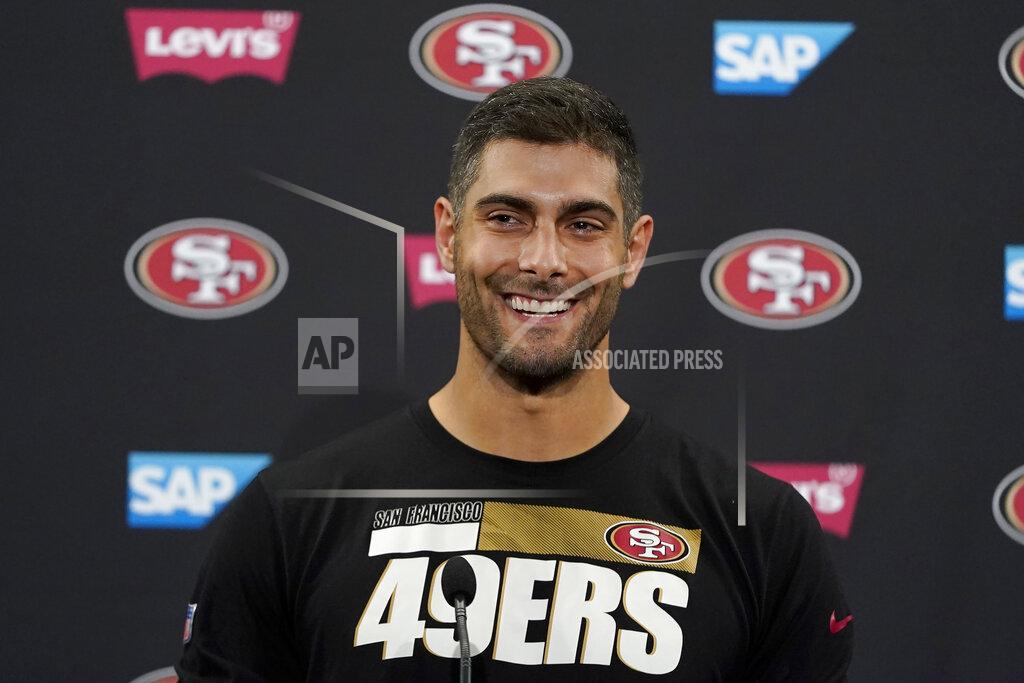 Jeff Chiu San Francisco 49ers quarterback Jimmy Garoppolo speaks during a news conference at NFL football training camp in Santa Clara, Calif., Wednesday, July 28, 2021. (AP Photo/Jeff Chiu)