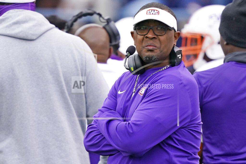 Rogelio V. Solis Edward Waters football coach Greg Ruffin looks at the scoreboard during the second half of an NCAA college football game against Jackson State in Jackson, Miss., Sunday, Feb. 21, 2021. (AP Photo/Rogelio V. Solis)