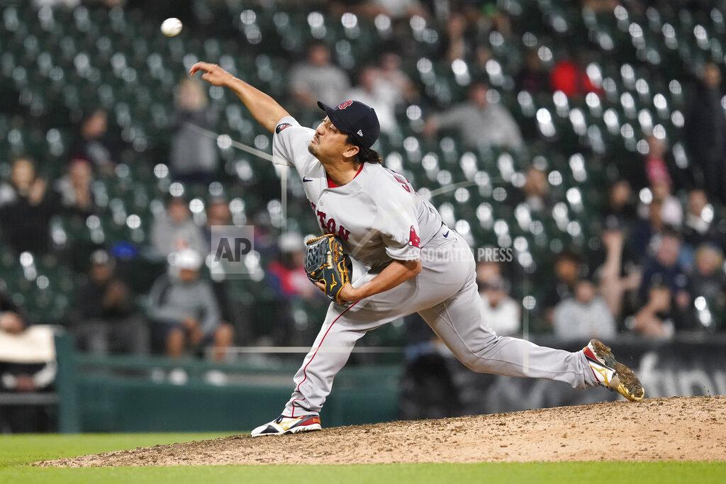 Charles Rex Arbogast Boston Red Sox relief pitcher Hirokazu Sawamura delivers during the eighth inning of the team's baseball game against the Chicago White Sox Thursday, May 26, 2022, in Chicago. (AP Photo/Charles Rex Arbogast)