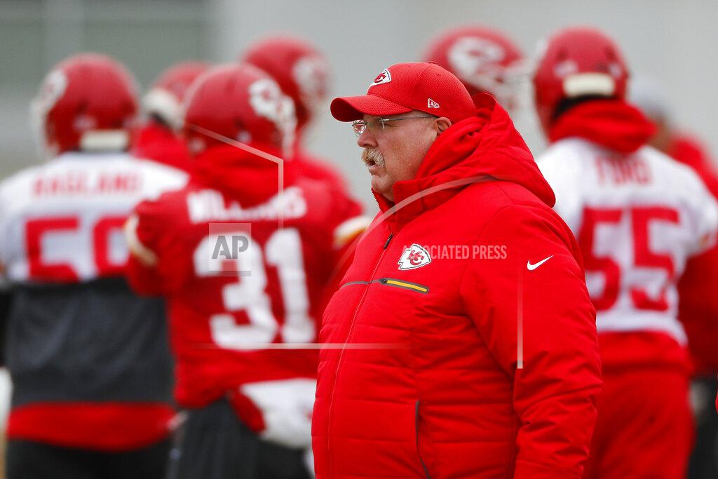 Kansas City Chiefs head coach Andy Reid watches workouts Thursday, Jan. 17, 2019, in Kansas City, Mo. The Chiefs host the New England Patriots in the NFL 's AFC football championship game on Sunday. (AP Photo/Charlie Riedel)