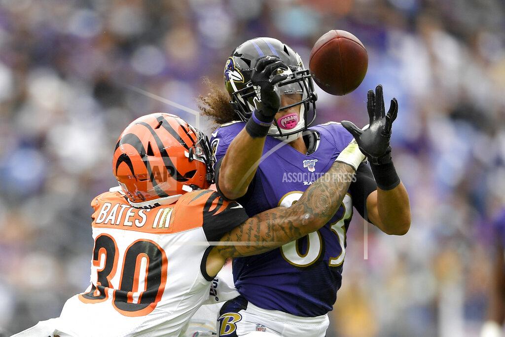 Nick Wass Cincinnati Bengals free safety Jessie Bates (30) breaks up a pass intended for Baltimore Ravens wide receiver Willie Snead (83) during the first half of a NFL football game Sunday, Oct. 13, 2019, in Baltimore. (AP Photo/Nick Wass)