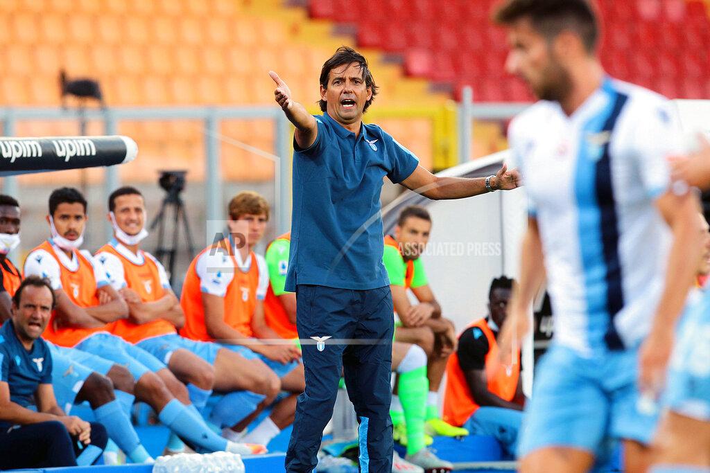 Donato Fasano Lazio coach Simone Inzaghi gives instructions to his players during the Serie A soccer match between Lecce and Lazio at the Stadio del Mare in Lecce, Italy, Tuesday, July 7, 2020. (Donato Fasano/LaPresse via AP)