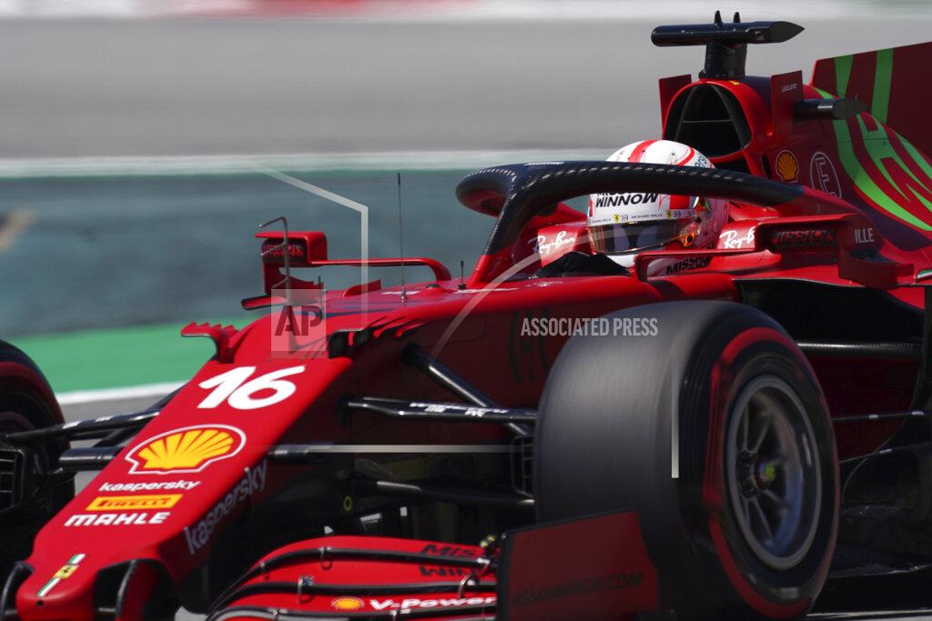 Ferrari driver Charles Leclerc of Monaco steers his car during the third free practice for the Spanish Formula One Grand Prix at the Barcelona Catalunya racetrack in Montmelo, just outside Barcelona, Spain, Saturday, May 8, 2021. The Spanish Grand Prix will be held on Sunday. (AP Photo/Emilio Morenatti)