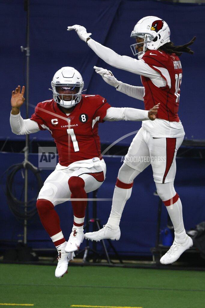 Ron Jenkins Arizona Cardinals' Kyler Murray (1) and DeAndre Hopkins (10) celebrate a touchdown scored on a carry by Murray in the second half of an NFL football game against the Dallas Cowboys in Arlington, Texas, Monday, Oct. 19, 2020. (AP Photo/Ron Jenkins)