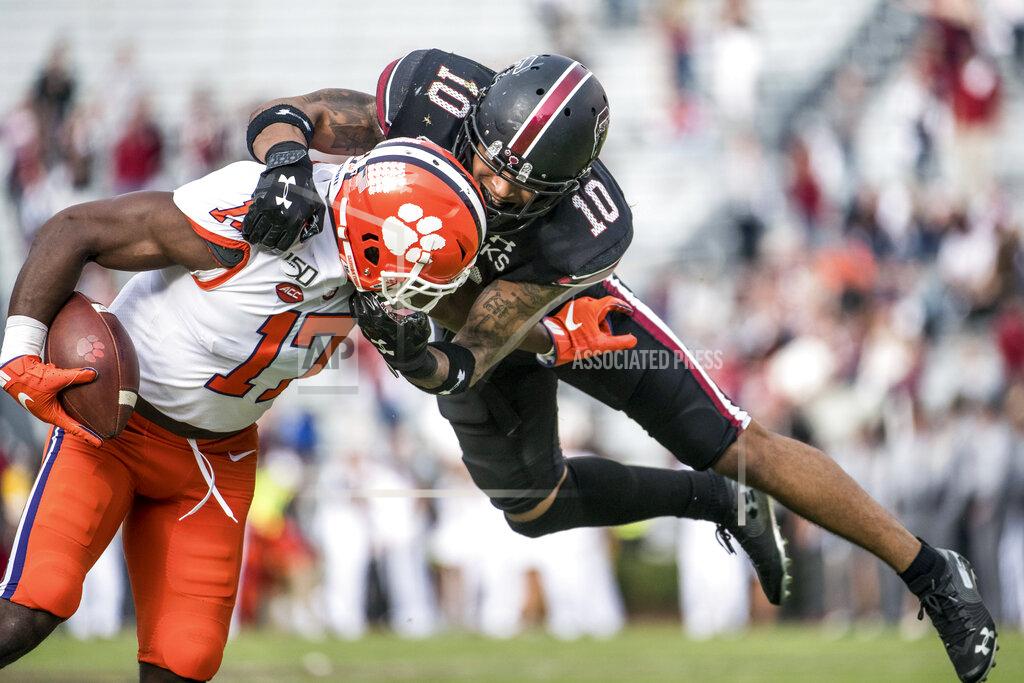 Sean Rayford South Carolina defensive back R.J. Roderick (10) tackles Clemson wide receiver Cornell Powell (17) during the second half of an NCAA college football game Saturday, Nov. 30, 2019, in Columbia, S.C. Clemson defeated South Carolina 38-3. (AP Photo/Sean Rayford)