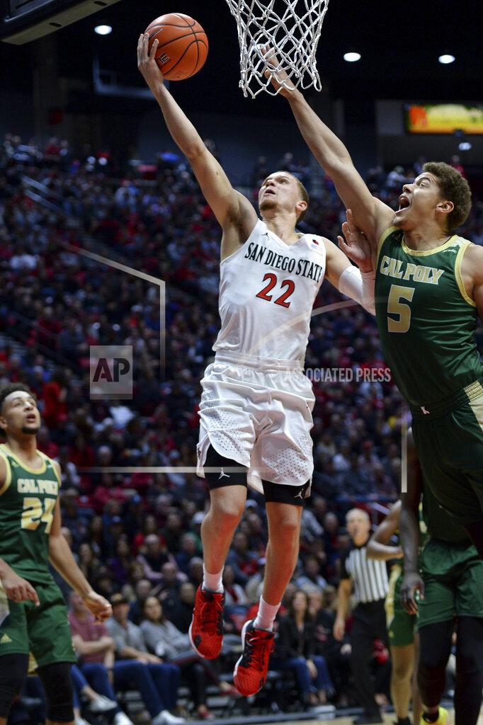 Orlando Ramirez San Diego State guard Malachi Flynn (22) goes to the basket while defended by Cal Poly forward Mark Crowe (5) during the first half of an NCAA college basketball game Saturday, Dec. 28, 2019, in San Diego. (AP Photo/Orlando Ramirez)