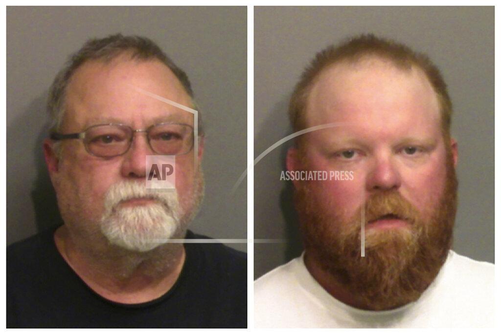 This photo combo of images taken Thursday, May 7, 2020, and provided by the Glynn County Detention Center, in Georgia, show Gregory McMichael, left, and his son Travis McMichael. A prosecutor on Wednesday, June 24, 2020 announced that three men have been indicted on murder charges in the killing of Ahmaud Arbery in coastal Georgia. Speaking to reporters outside the Glynn County courthouse, prosecutor Joyette Holmes said a grand jury has indicted Travis McMichael, Gregory McMichael and William “Roddie” Bryan Jr. on charges including malice and felony murder in the death of the African American man. (Glynn County Detention Center via AP)