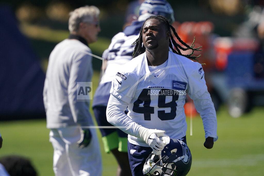 Ted S. Warren Seattle Seahawks linebacker Shaquem Griffin runs on the field during NFL football training camp, Thursday, Sept. 3, 2020, in Renton, Wash. (AP Photo/Ted S. Warren)