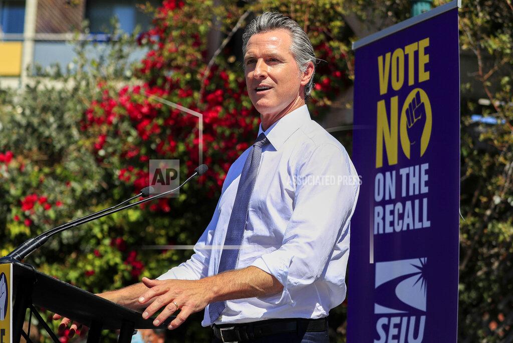 Shae Hammond California Gov. Gavin Newsom speaks during a rally at St. Mary's Center in Oakland, Calif., Saturday, Sept. 11, 2021. The last day to vote in the recall election is Tuesday, Sept. 14. A majority of voters must mark "no" on the recall to keep Newsom in office. (Shae Hammond/Bay Area News Group via AP)