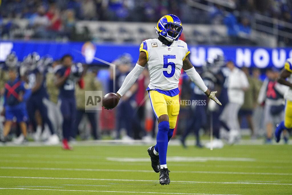Marcio Jose Sanchez Los Angeles Rams cornerback Jalen Ramsey reacts after an interception during the first half of an NFL football game against the Tennessee Titans, Sunday, Nov. 7, 2021, in Inglewood, Calif. (AP Photo/Marcio Jose Sanchez)