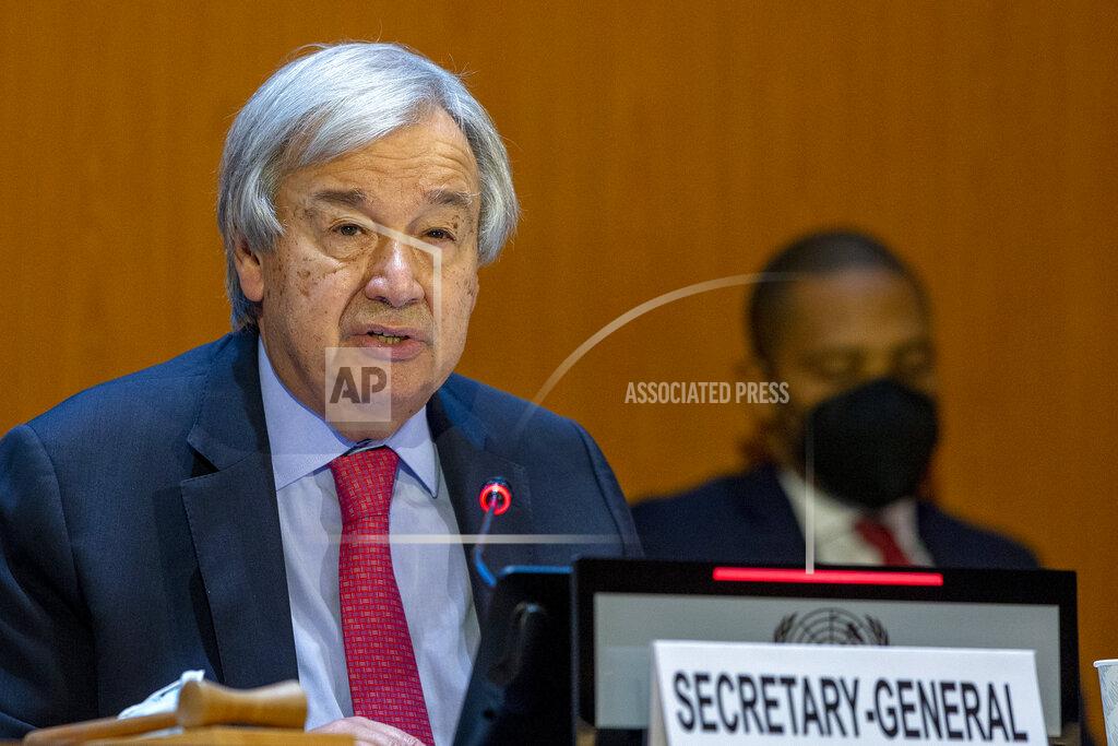 Salvatore Di Nolfi U.N. Secretary-General Antonio Guterres, addresses his statement, during the High-Level Ministerial Event on the Humanitarian Situation in Afghanistan, at the European headquarters of the United Nation, in Geneva, Switzerland, Monday, Sept. 13, 2021. (Salvatore Di Nolfi/Keystone via AP)