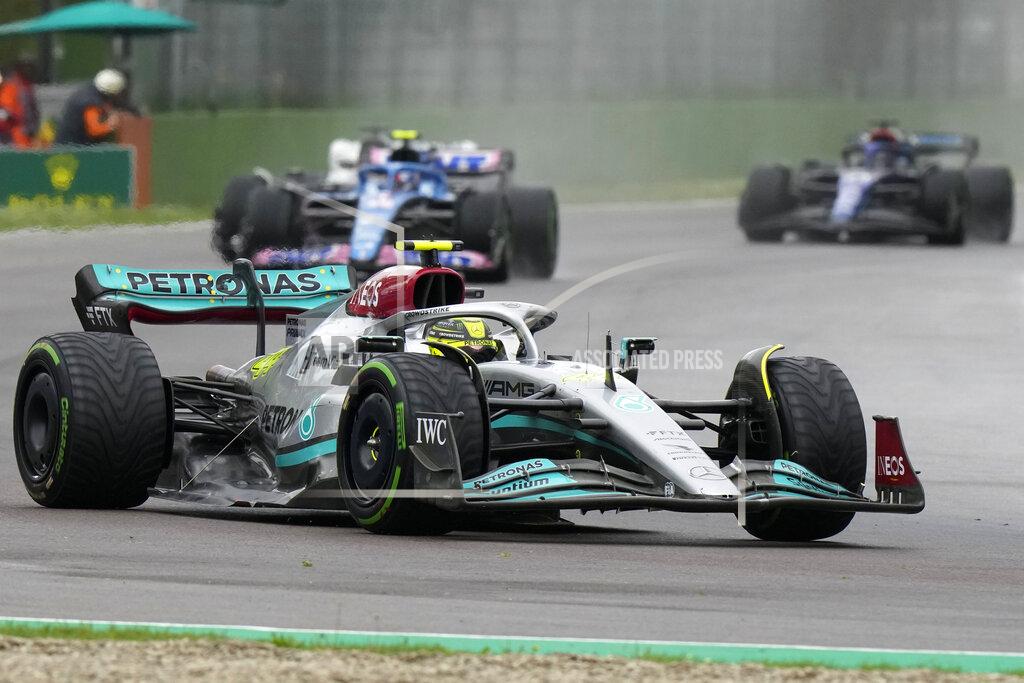 Luca Bruno Mercedes driver Lewis Hamilton of Britain steers his car during the Emilia Romagna Formula One Grand Prix, at the Enzo and Dino Ferrari racetrack, in Imola, Italy, Sunday, April 24, 2022. (AP Photo/Luca Bruno)