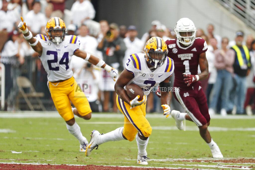 Rogelio V. Solis LSU safety JaCoby Stevens (3) runs the other way with an interception intended for Mississippi State wide receiver Stephen Guidry (1) during the first half of their NCAA college football game in Starkville, Miss., Saturday, Oct. 19, 2019. (AP Photo/Rogelio V. Solis)