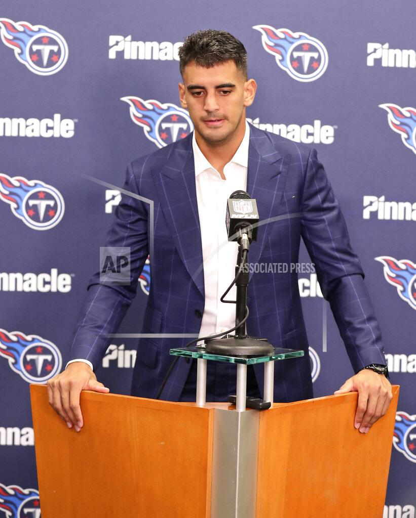 Ron Schwane Tennessee Titans quarterback Marcus Mariota answers questions after the team defeated the Cleveland Browns in an NFL football game Sunday, Sept. 8, 2019, in Cleveland. (AP Photo/Ron Schwane)