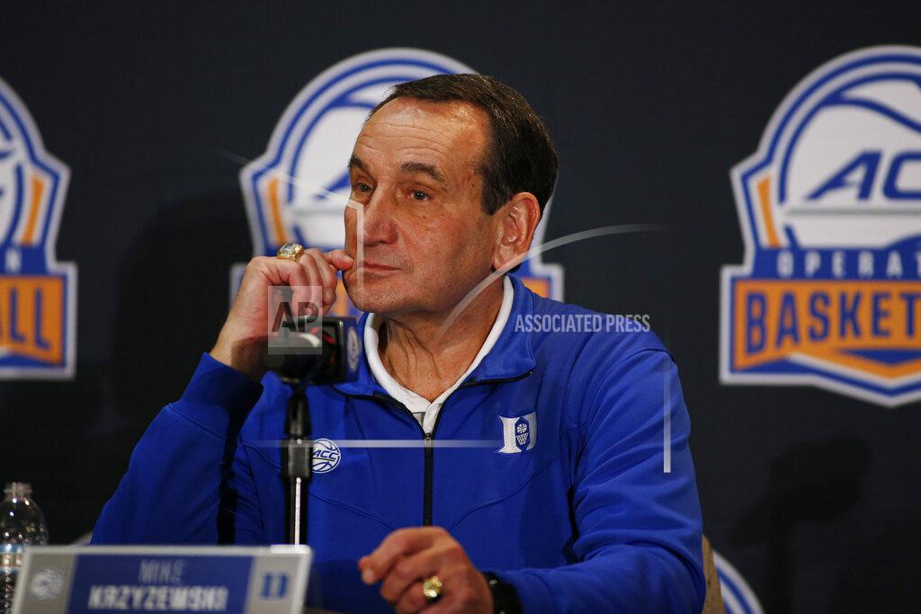 Nell Redmond Duke coach Mike Krzyzewski listens to a question during the Atlantic Coast Conference NCAA college basketball media day in Charlotte, N.C., Tuesday, Oct. 8, 2019. (AP Photo/Nell Redmond)