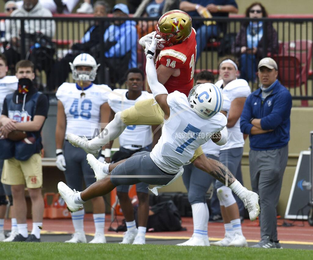 David Hungate FILE - VMI receiver Jakob Herres pulls down a pass over The Citadel's Destin Mack during an NCAA college football game in Lexington, Va., in this Saturday, April 17, 2021, file photo. Herres is a member of The Associated Press FCS All-America team, announced Wednesday, May 12, 2021. (David Hungate/Roanoke Times via AP, File)/The Roanoke Times via AP, File)