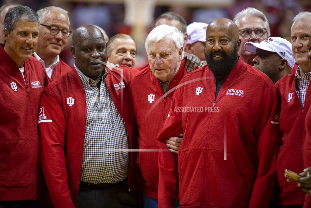 Doug Mcschooler Former Indiana basketball head coach Bobby Knight, center, makes his first appearance at Indiana University since his dismissal in September of 2000. Knight, is surrounded by former players and staff during a ceremony with the Indiana players of the 1980 Big Ten championship team the halftime of an NCAA college basketball game, Saturday, Feb. 8, 2020, in Bloomington, Ind. (AP Photo/Doug McSchooler)