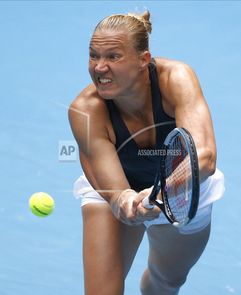 Rick Rycroft Estonia's Kaia Kanepi makes a backhand return to United States' Sofia Kenin during their second round match at the Australian Open tennis championship in Melbourne, Australia, Thursday, Feb. 11, 2021.(AP Photo/Rick Rycroft)