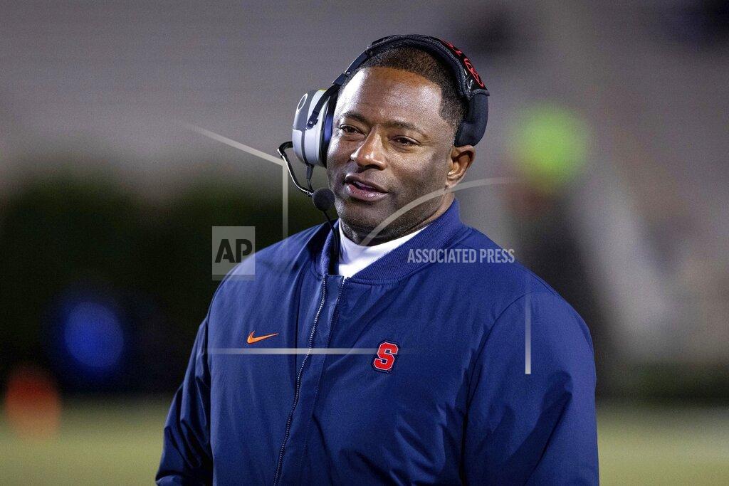 Ben Mckeown File-This Nov. 16, 2019, file photo shows Syracuse Head Coach Dino Babers smiling on the sideline during an NCAA college football game against Duke in Durham, N.C.Syracuse has a terrific 1-2 punch in punter Sterling Hofrichter and place-kicker Andre Szmyt. Together they’ve helped the Orange excel on special teams for a second straight season. Hofrichter has landed 93 of his 255 career punts inside the 20-yard line with only 13 touchbacks. (AP Photo/Ben McKeown, File)