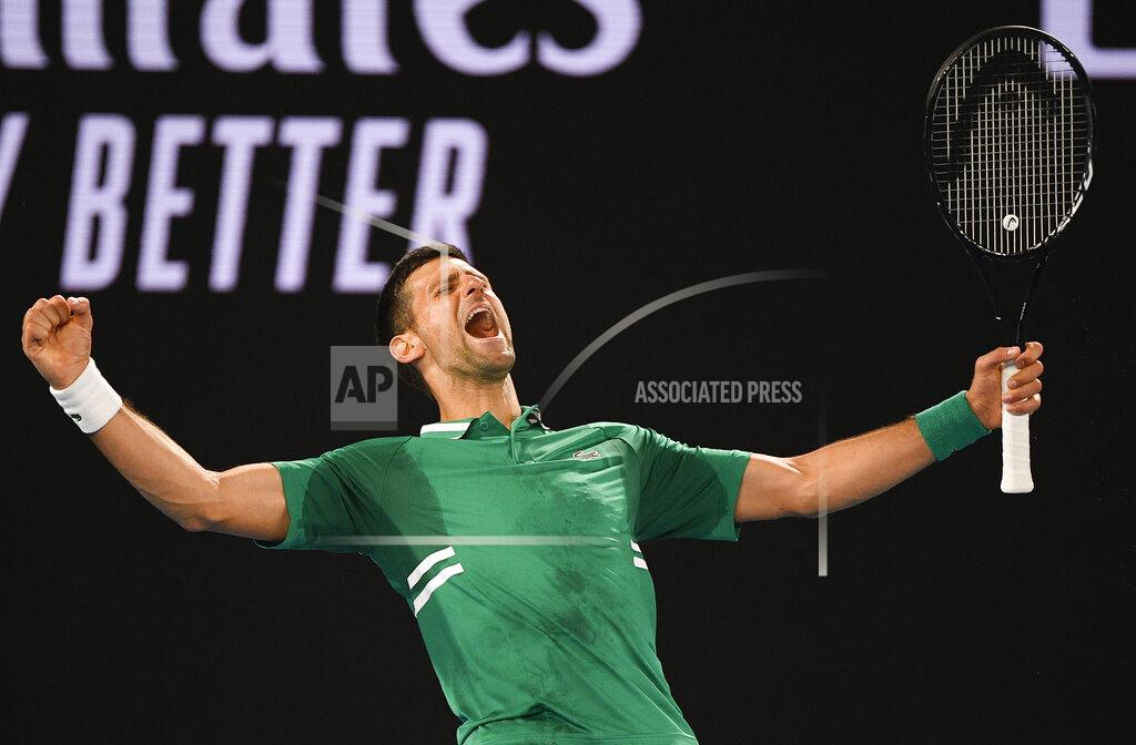 Andy Brownbill Serbia's Novak Djokovic celebrates after defeating United States' Talyor Fritz in their third round match at the Australian Open tennis championship in Melbourne, Australia, Saturday, Feb. 13, 2021.(AP Photo/Andy Brownbill)