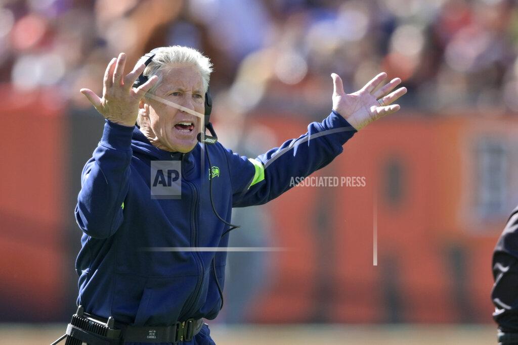 David Richard Seattle Seahawks head coach Pete Carroll reacts during the first half of an NFL football game against the Cleveland Browns, Sunday, Oct. 13, 2019, in Cleveland. (AP Photo/David Richard)