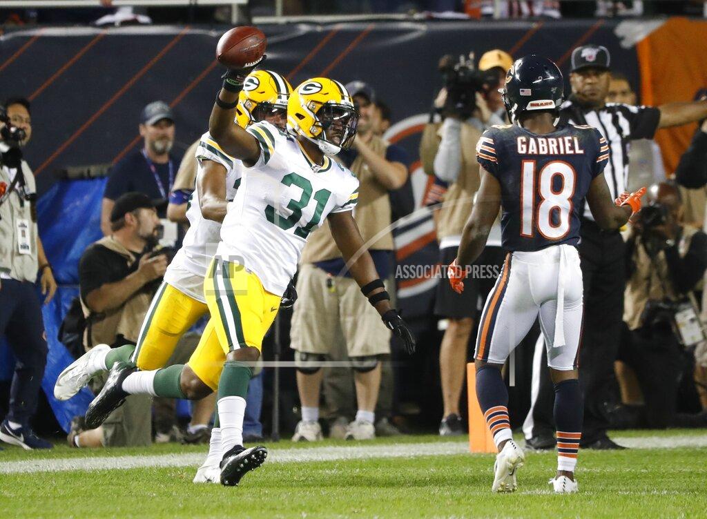 Charles Rex Arbogast Green Bay Packers' Adrian Amos reacts after intercepting a pass during the second half of an NFL football game against the Chicago Bears Thursday, Sept. 5, 2019, in Chicago. The Packers won 10-3. (AP Photo/Charles Rex Arbogast)