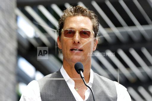 FILE - Matthew McConaughey speaks at a ceremony honoring Guy Fieri with a star at the Hollywood Walk of Fame on Wednesday, May 22, 2019, in Los Angeles. In a video posted Sunday, Nov. 28, 2021, McConaughey said he isn't running for Texas governor after months of publicly flirting with the idea of becoming the latest celebrity candidate. (Photo by Willy Sanjuan/Invision/AP, File)