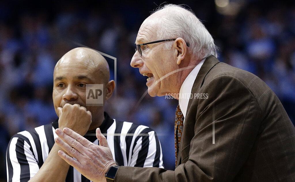 Gerry Broome Miami head coach Jim Larranaga speaks with an official during the first half of an NCAA college basketball game against North Carolina in Chapel Hill, N.C., Saturday, Feb. 9, 2019. (AP Photo/Gerry Broome)