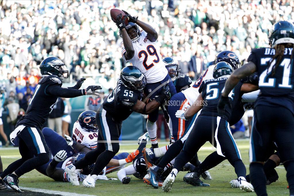 Chris Szagola Chicago Bears' Tarik Cohen (29) cannot make it into the end zone against Philadelphia Eagles' Brandon Graham (55) during the second half of an NFL football game, Sunday, Nov. 3, 2019, in Philadelphia. (AP Photo/Chris Szagola)