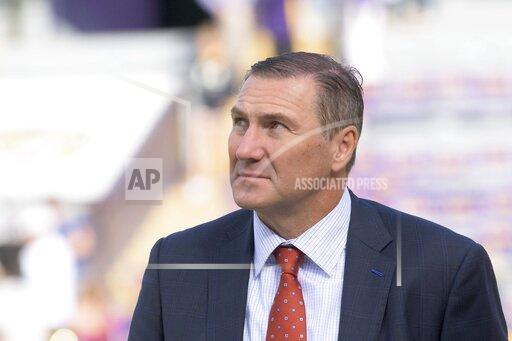 Florida head coach Dan Mullen arrives for an NCAA college football game against LSU in Baton Rouge, La., Saturday, Oct. 16, 2021. (AP Photo/Matthew Hinton)