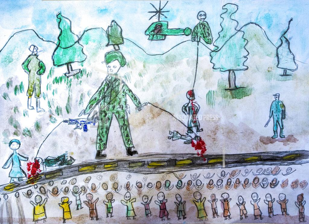 Uncredited This Tuesday, April 28, 2020 photo shows a drawing made by Tresor Ndizihiwe, 12, during the COVID-19 coronavirus lockdown in Kigali, Rwanda. Tresor's drawing show a future with soldiers shooting civilians who are protesting, he says. He adds dabs of red paint next to one of those who has fallen. “There is blood,” he says, “and some are crying, as you can see.” Rwanda was the first country in Africa to enforce a total lockdown because of the virus. (Tresor Ndizihiwe via AP)