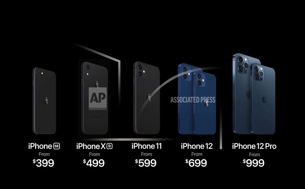 Uncredited This image provided by Apple shows models of new iPhones, along with the iPhone 11 at center, showing prices, which Apple unveiled Tuesday, Oct. 13, 2020. The iPhone models unveiled will launch at different times. The iPhone 12 and 12 Pro will be available starting Oct. 23; the Mini and the Pro Max will follow on Nov. 13. (Apple via AP)