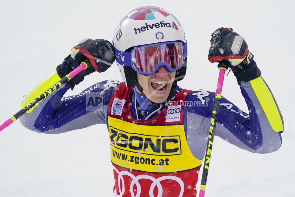 Giovanni Auletta Italy's Marta Bassino celebrates winning an alpine ski, women's World Cup giant slalom in Courchevel, France, Saturday, Dec. 12, 2020. (AP Photo/Giovanni Auletta)