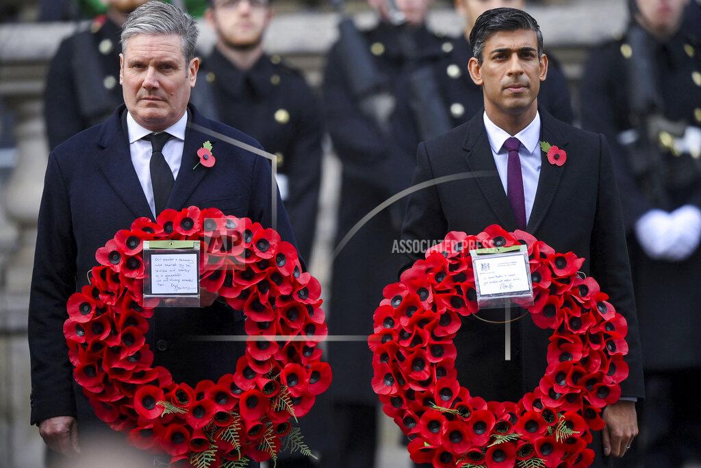 Toby Melville FILE - British Prime Minister Rishi Sunak, right, and Labour Party leader Keir Starmer attend the Remembrance Sunday ceremony at the Cenotaph on Whitehall in London, Nov. 13, 2022. In his first month as Britain's prime minister, Sunak has stabilized the economy, reassured allies from Washington to Kyiv and even soothed the European Union after years of sparring between Britain and the bloc. But Sunak’s challenges are just beginning. He is facing a stagnating economy, a cost-of-living crisis – and a Conservative Party that is fractious and increasingly unpopular after 12 years in power. (Toby Melville/Pool via AP, File)
