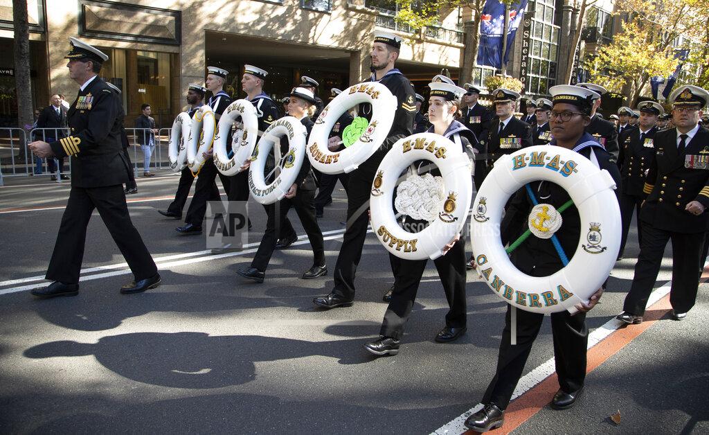 Mark Baker Naval personnel march during the Anzac Day parade in Sydney, Australia, Sunday, April 25, 2021. Australians and New Zealanders paid tribute to their war dead Sunday as both nations prepared to withdraw from their longest war in Afghanistan. (AP Photo/Mark Baker)