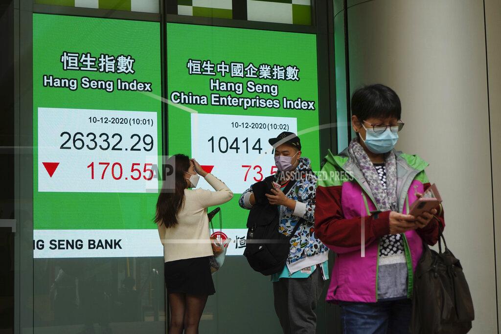 People wearing face masks to protect against the coronavirus stand in front of a bank's electronic board showing the Hong Kong share index in Hong Kong, Thursday, Dec. 10, 2020. Stocks were mostly lower Thursday in Asia after weakness in technology companies’ shares led an overnight decline on Wall Street. (AP Photo/Kin Cheung)