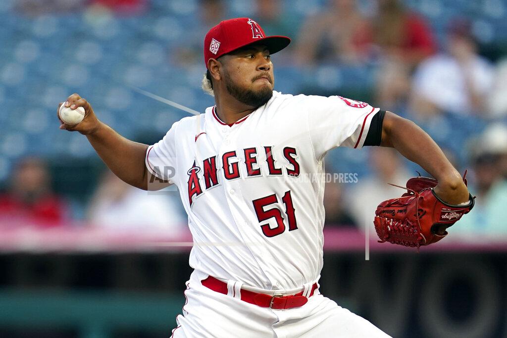 Marcio Jose Sanchez Los Angeles Angels starting pitcher Jaime Barria throws to the Texas Rangers during the first inning of a baseball game Monday, Sept. 6, 2021, in Anaheim, Calif. (AP Photo/Marcio Jose Sanchez)