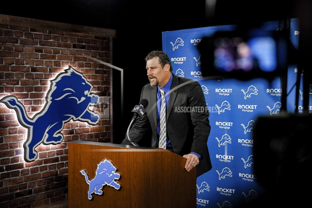 Uncredited In this image provided by the Detroit Lions, Detroit Lions head coach Dan Campbell speaks during a news conference via video on his first day at the NFL football team's practice facility, Thursday, Jan. 21, 2021 in Allen Park, Mich. (Detroit Lions via AP).