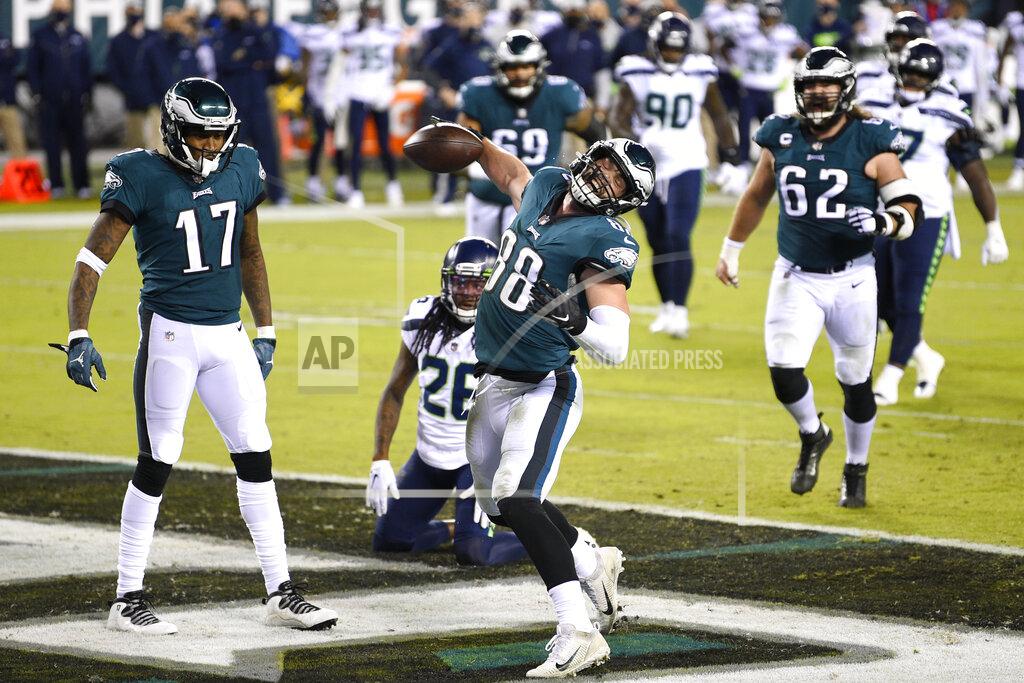 Derik Hamilton Philadelphia Eagles' Dallas Goedert (88) celebrates after scoring a touchdown during the first half of an NFL football game against the Seattle Seahawks, Monday, Nov. 30, 2020, in Philadelphia. (AP Photo/Derik Hamilton)