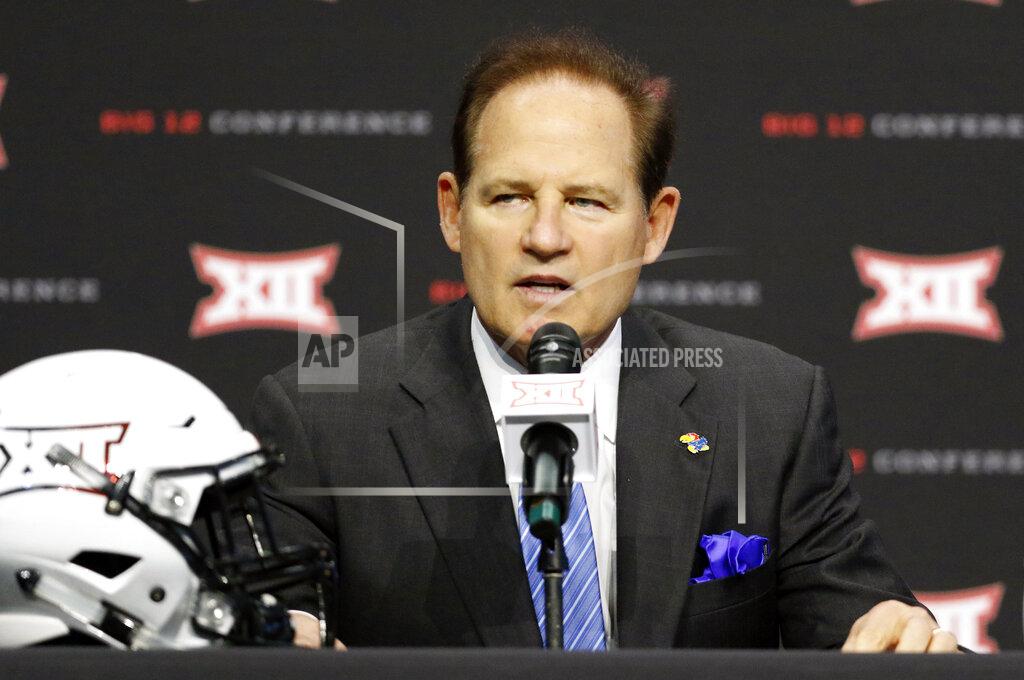 David Kent Kansas head coach Les Miles speaks on the first day of Big 12 Conference NCAA college football media days Monday, July 15, 2019, at AT&T Stadium in Arlington, Texas. (AP Photo/David Kent)
