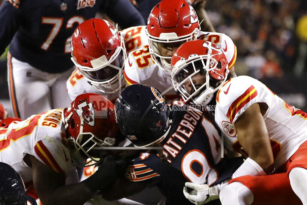 Nam Y. Huh Chicago Bears wide receiver Cordarrelle Patterson (84) is brought down by Kansas City Chiefs inside linebacker Anthony Hitchens (53), Tanoh Kpassagnon (92), Charvarius Ward (35) and Armani Watts in the second half of an NFL football game in Chicago, Sunday, Dec. 22, 2019. (AP Photo/Nam Y. Huh)
