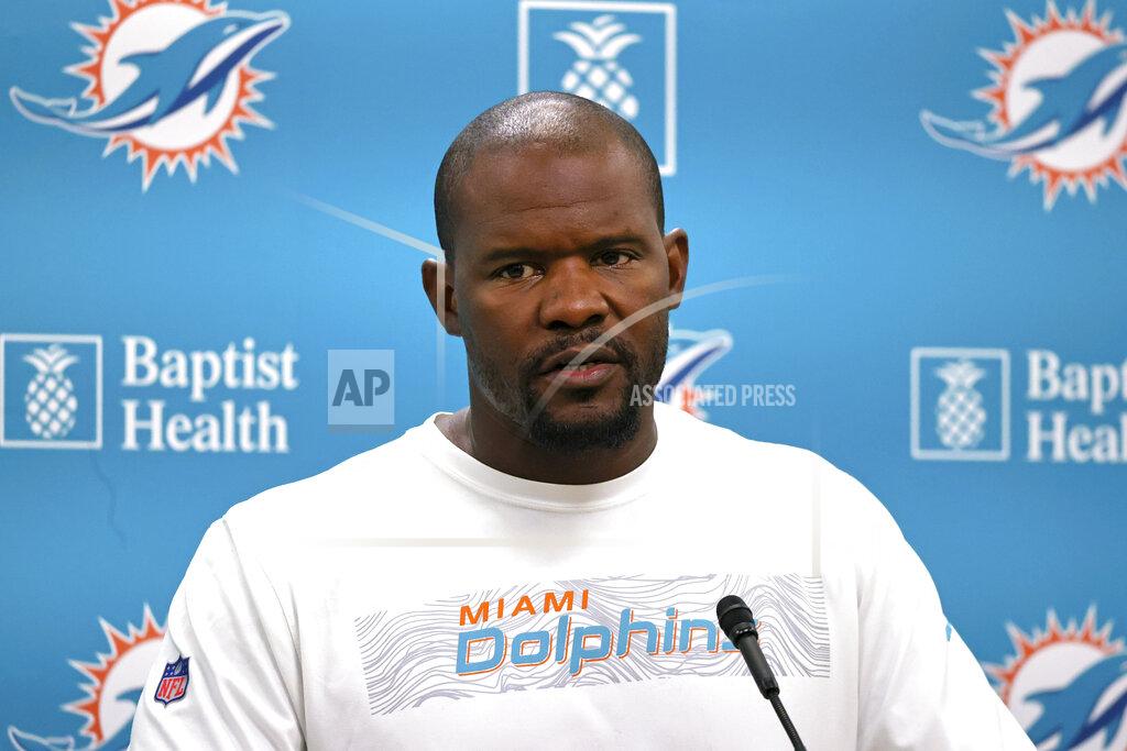 David Santiago Miami Dolphins head coach Brian Flores talks with the media before NFL football practice, Wednesday, Sept. 15, 2021, in Miami Gardens, Fla. The Dolphins host the Buffalo Bills on Sunday. (David Santiago/Miami Herald via AP)